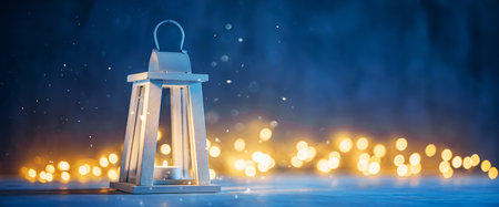 White wooden lantern with a candle under the snowfall on the background of bokeh lights. Cozy Christmas mood imageの写真素材