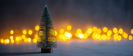 Shallow depth of field image of small Christmas tree on table with bokeh lightsの写真素材