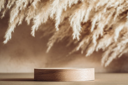 Cylindrical wooden podium on the background of pampas grassの写真素材