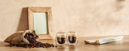 Two glass cups of espresso with coffee cremaの写真素材