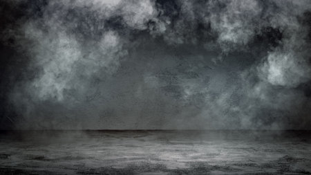 Smoke in rough grainy stone room in the dark. Halloween texture backgroundの写真素材