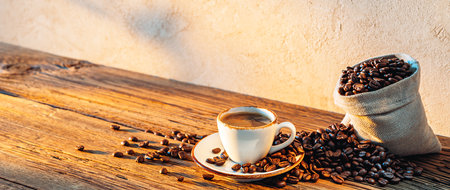 Morning cup of espresso coffee in sunlightの写真素材