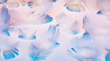 White feathers in colored light with shadows on a white background