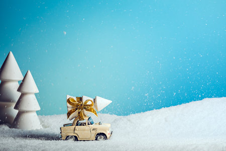 A small toy car transporting Christmas tree in the middle of snowy forestの写真素材