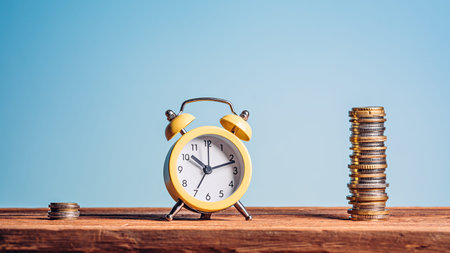 An alarm clock as a symbol of time and coins as a symbol of money. The price of time concept