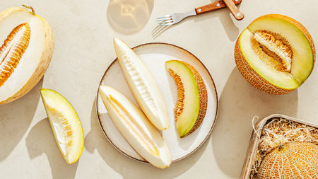 Various sliced melons on a light stone backgroundの写真素材