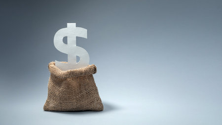Creative money concept with dollar sign in a burlap bag against a simple gray background.の写真素材