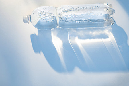 Clear plastic bottle of water on white surface reflecting soft morning sunlight.