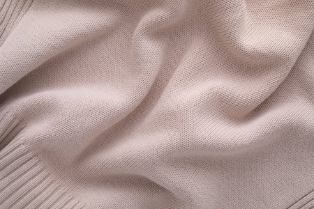 Soft beige cotton knitted clothes draped gently displaying texture and warmth in natural light.の写真素材