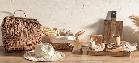 Natural materials create an inviting arrangement of eco-friendly decor and accessories, featuring woven baskets, wooden utensils, and earthy tones in a cozy interior.の写真素材