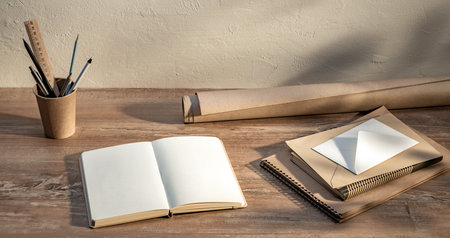 A workspace showcases various stationery items on a wooden desk, featuring an open notebook, rolled...