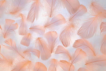 Peach colored fluffy feathers texture. Color of the year 2024 background.の写真素材