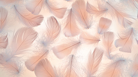 Peach colored fluffy feathers texture. Color of the year 2024 background.の写真素材