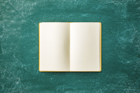 New blank notebook on green chalkboard ready for back to school activities, studying and creative writing.の写真素材