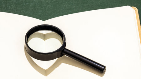Magnifying glass rests on open notebook with blank pages, creating focus for studying. Scene of study and note-taking practicesの写真素材