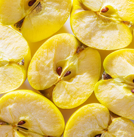 Broken yellow apple halves displayed in a bright arrangement showcasing texture and seeds. Lifestyle.の写真素材