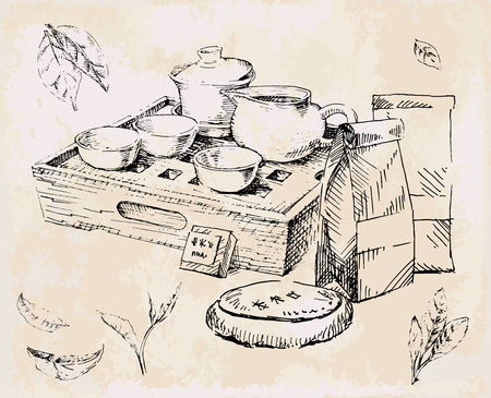 Tea set, china and japan herbal tea. Healthful drinkのイラスト素材