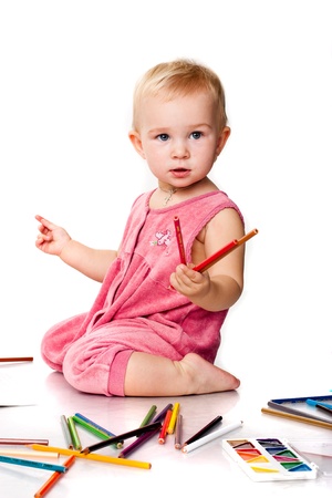 Baby drawing isolated on whiteの写真素材