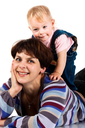 Mother and daughter isolated on whiteの写真素材