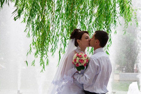 Happy bride and groom standing under the willowの写真素材