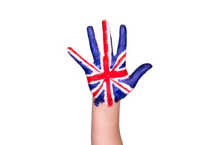 The United Kingdom flag on a hand isolated on white  Eurotrip  Travelling toThe United Kingdom concept の写真素材