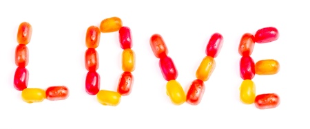 Colorful jelly candy love note isolated on whiteの写真素材