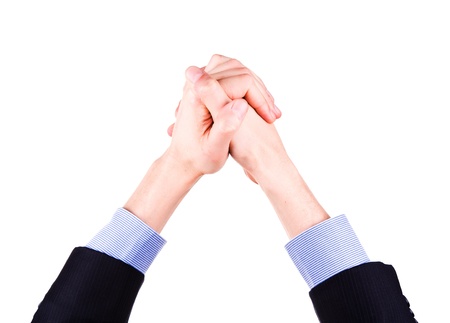 Male hands put together in achievment sign isolated on white  Success concept の写真素材