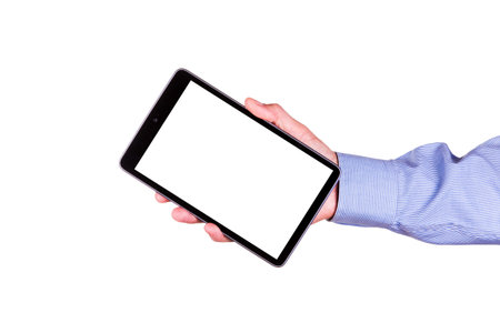 Male hand holding a tablet PC with space for you text isolated on white