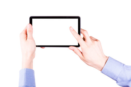 Male hand holding a tablet PC with space for you text isolated on white