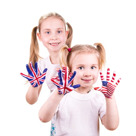 American and English flags on childの写真素材