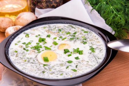 Cold yogurt soup with dill and yolk, russian traditional dish- okroshkaの写真素材