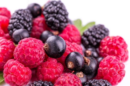 Fresh berries: raspberries, blackcurrants, mulberries isolated on whiteの写真素材