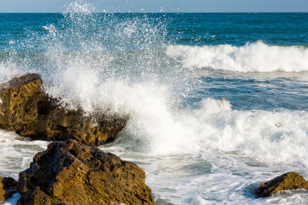 Sea, big wave and splashes over the stones at the sea shoreの写真素材