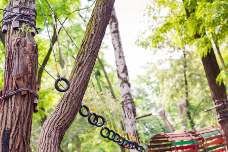 Adventure climbing high wire park, rope extreme parkの写真素材