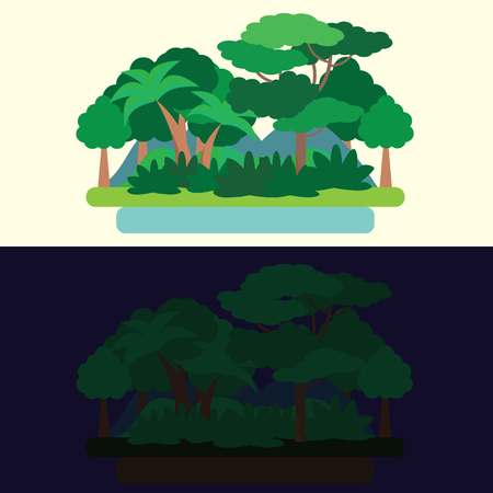 Day and night Forest Green Landscape, nature. Flat vector illustrationのイラスト素材