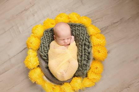 Sleeping newborn baby boy swaddled in a blanketの写真素材