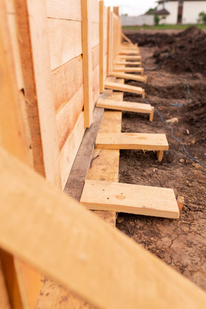 Wooden formwork for creating strip foundation for new house basis. Constructing house from the beginning conceptの写真素材