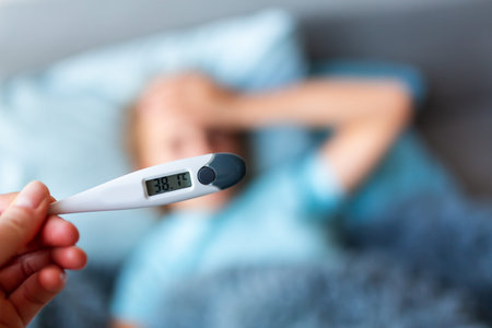 Sick teenage little girl with high fever and headache laying in bed. Stay at home during corona...