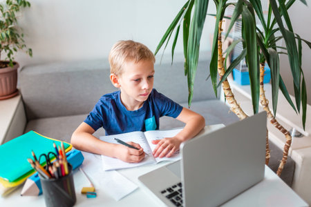 Little young school boy working at home with a laptop and class notes studying in a virtual class....