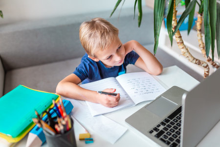 Little young school boy working at home with a laptop and class notes studying in a virtual class....