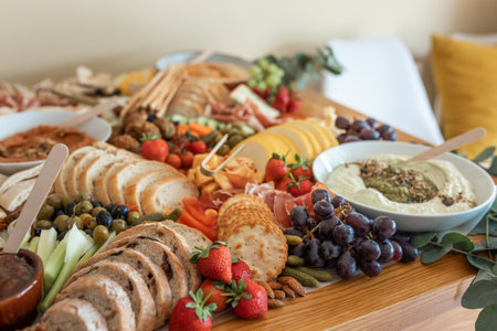 Delicious gourmet food setup of snacks for party. Creative food setup, catering service. Party food and sncacks.の写真素材
