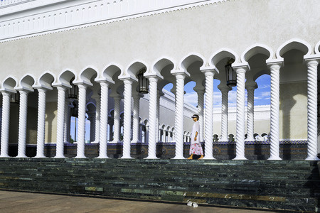 Woman walking on Sultan Omar Ali Saifuddin Mosque in Bruneiの写真素材
