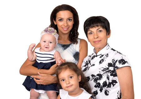 Portrait of happy family on white background.Three generation.Family relationship, love, affection.