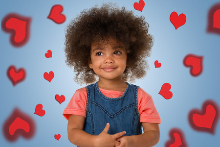childhood and people concept-portrait of smiling african american little girl, over colored...