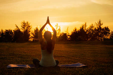 Concept of healthy lifestyle and relaxation-back view of attractive girl in sportswear sitting in lotus position while doing yoga outdoor on sunsetの写真素材