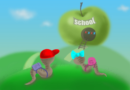 Worms go to an apple school, a funny children's illustration. Bright green grass with a road against a blue sky with clouds. Minimalistic drawingの写真素材