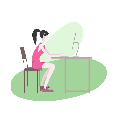 Workplace, freelancer. Network business. Girl at work in the home office. Hand-drawnの写真素材