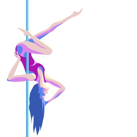 Dance, exercises on a pole, professional studio poster. Slim girl character flat design. Vector illustrationのイラスト素材
