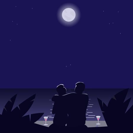 Young couple in love in the moonlight on the seashore. Vector illustrationのイラスト素材