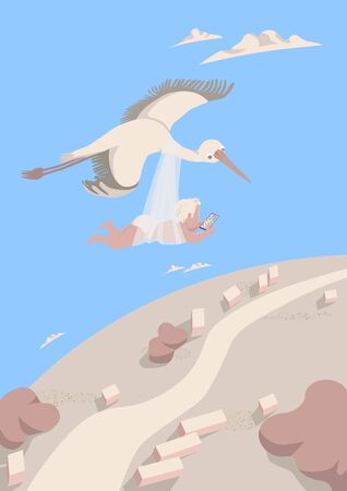 The stork carries a baby looking at the path on the navigator in the smartphone. A bird flies high in the sky among the clouds. Postcard concept postcards, congratulations.  Cartoon character illustration vectorのイラスト素材